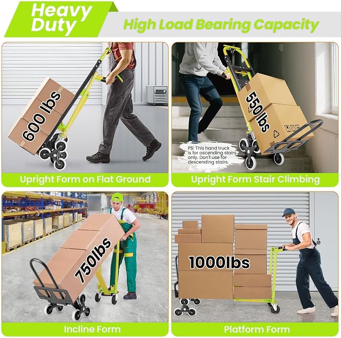 1000LBS Heavy Duty Aluminum Stair Climbing Dolly, 3 in 1 Convertible Hand Truck, Folding Hand Truck Dolly Cart with Solid Wheels for Moving/Travel/Office (Green)