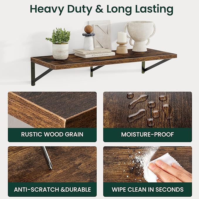 Floating Shelves 12 Inch Deep, 48W x 12D Wall Shelf Set of 2, 70 lbs Heavy Duty Reversible Metal Brackets, Industrial Book Shelf for Living Room Kitchen Bath Bedroom Coffee Bar, Rustic Brown