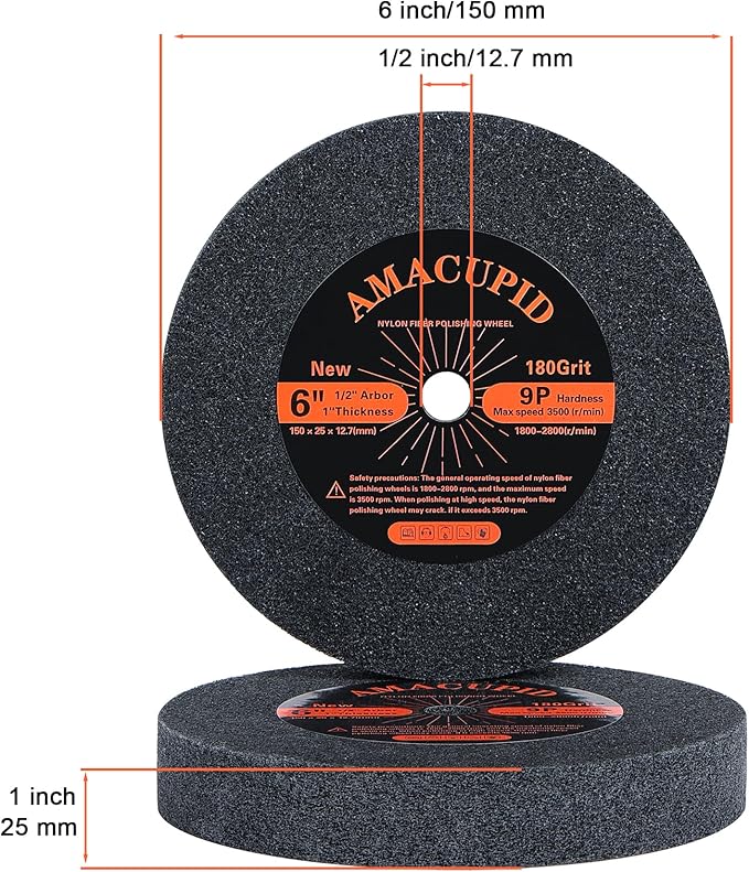 Deburring Wheels Nylon Fiber Buffing Wheel 6 inch 9P Hardness 5 pcs. Polishing Stainless Steel, etc. Silicon Carbide Abrasive. For Bench Grinder Polishing Machine. 1/2 inch Arbor, 180 Grit