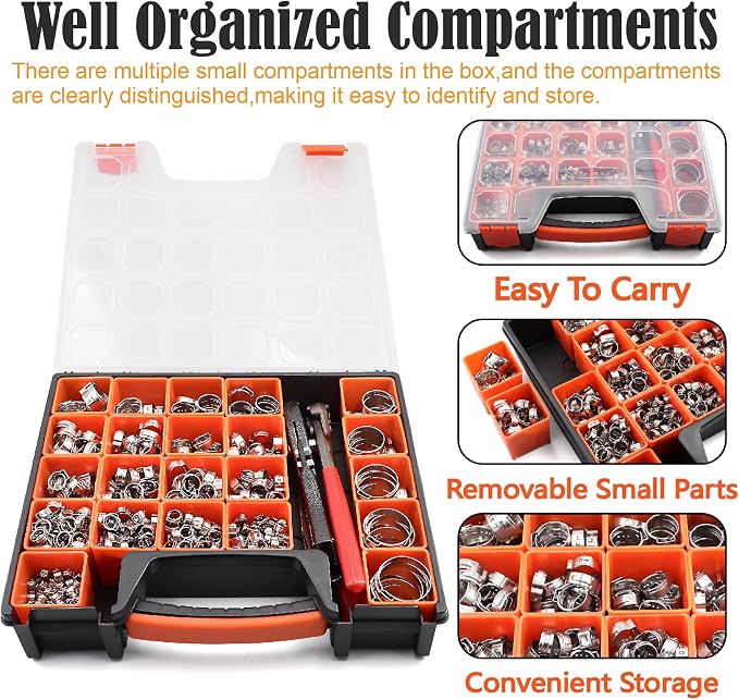 560Pcs 22 Sizes 304 Stainless Steel Stepless Single Ear Hose Clamp Assortment Kit,Adjustable 5.3-36.1mm,with Ear Clamp Pincer Tool,for Fuel Line,Automotive,Industry,Home Pipeline