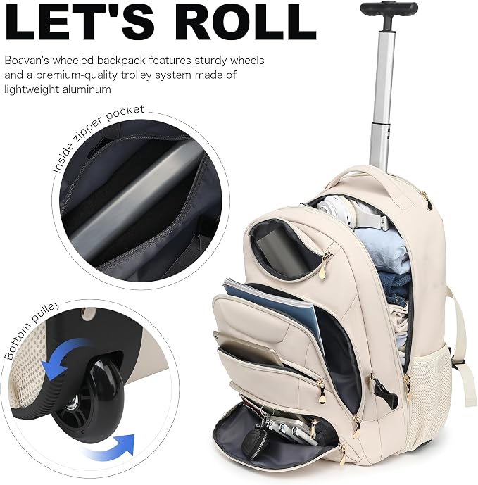 Boavan Rolling Backpack for Women, 17.3 Inch Wheeled Laptop Backpack,Large Travel Carry-On Bag for Teachers College Students, USB Charging Port Waterproof Business for Airplane Overnight Luggage，Beige