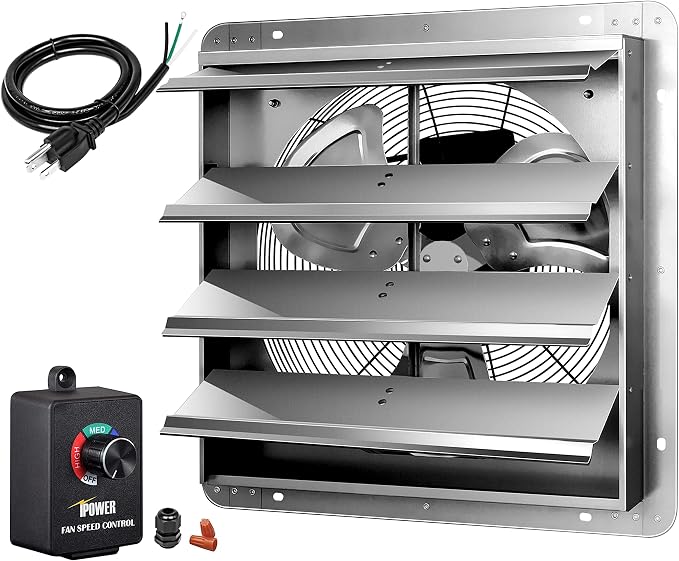 iPower 16 Inch Wall Mounted Shutter Exhaust Fan with Speed Controller and Power Cord Kit, Aluminum, 1550 RPM, 1200 CFM, for Attic, Garage, Louvered Vent, Plant, Greenhouse, Silver