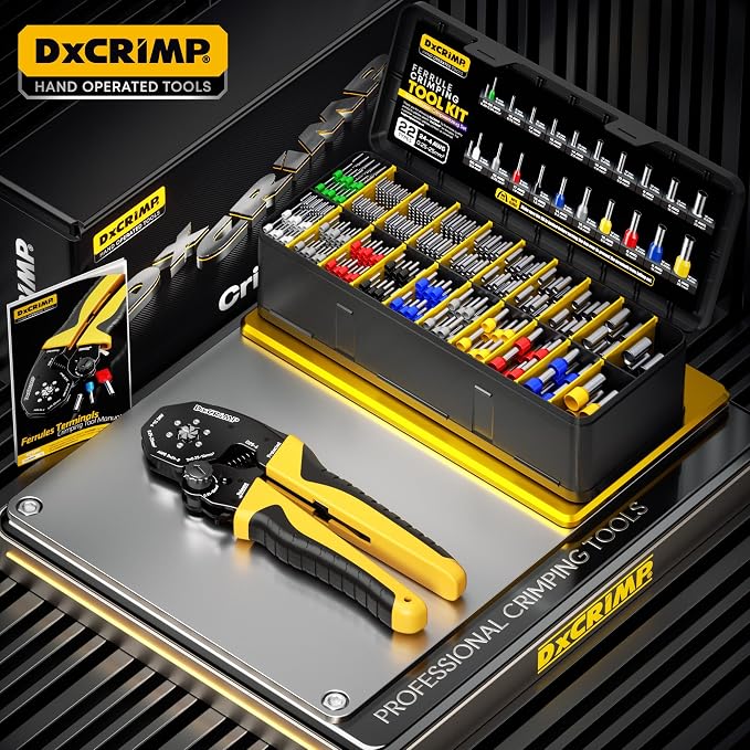 Ferrule Crimping Tool Kit, AWG 24-4 Self-Adjusting Hex Ratchet Crimper, 22 Types Insulated & Uninsulated Wire Ferrules, for DIY Electrical, Control Panels, Car Audio, Solar & RV