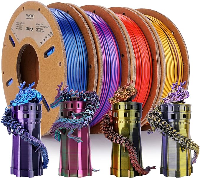 ERYONE PLA Filament 3D Printer Filament Bundle Multicolor 1.75mm +/- 0.03mm, PLA Filament 250g Spool, 4 Rolls, Silk Triple Color 2