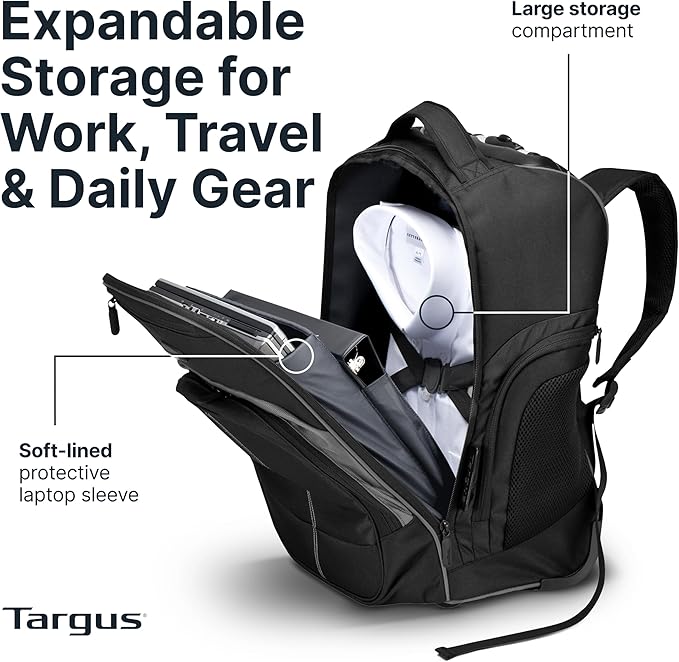 Targus 16 Inch Compact Rolling Backpack, Black - Wheeled Travel Bag Fits Laptops Up to 16”