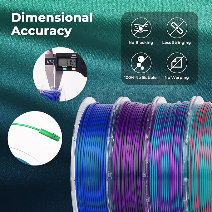 AMOLEN Silk PLA 3D Printer Filament Bundle, Shiny Dual Color PLA Filament 1.75mm Pack, PLA 3D Printing Filament, Blue Green Coral Dark Violet Purple 200g X 4 Spools