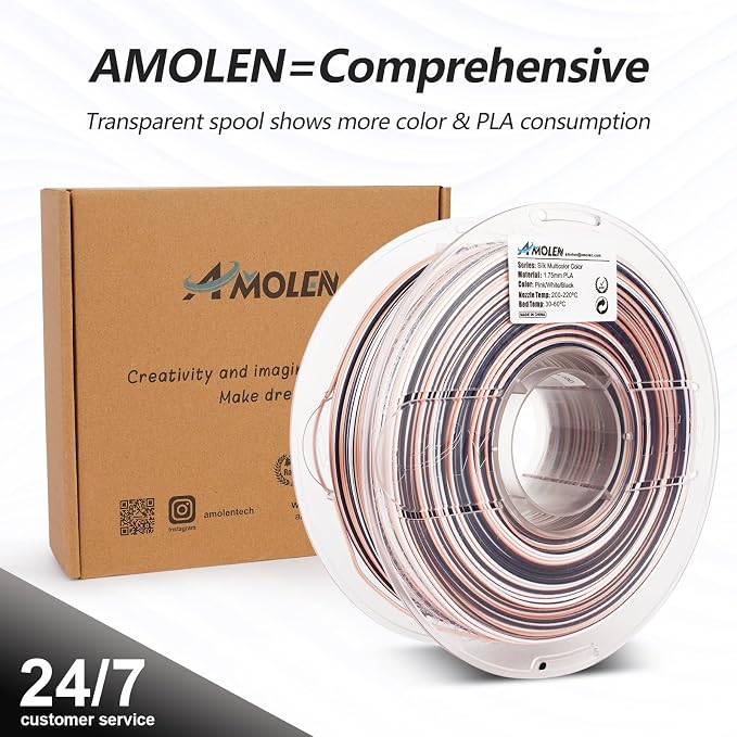 AMOLEN Silk PLA 3D Printer Filament, Shiny Multicolor Rainbow PLA 1.75mm for Creative & Decorative, Fast Color Change Printing Filament for Beginner, Black Pink White, 1kg (2.2lbs)