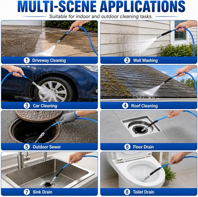 100 FT Sewer Jetter Kit for Pressure Washer, 5800PSI Water Jet Drain Cleaner Hose, 1/4 Inch NPT Corner with 4 Sewer Jetting Nozzles, Pearl Corsage Pin, Waterproof Tape, Handle Strap&2 Spanner (Blue)
