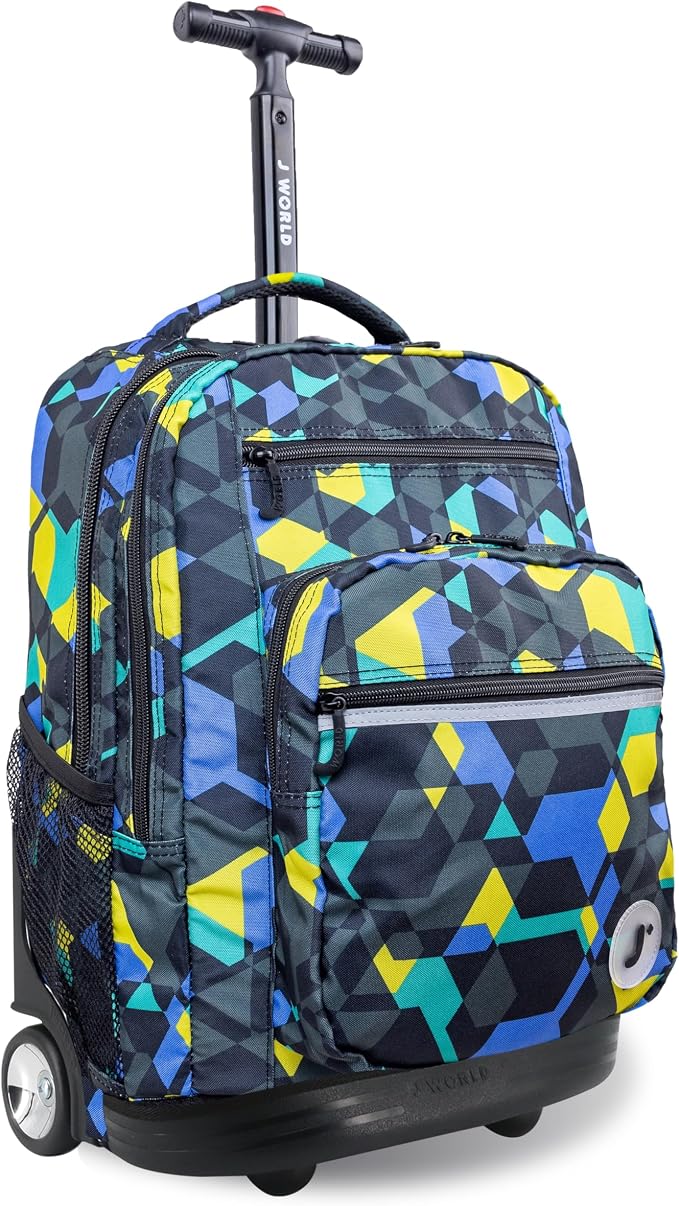 J World Sundance Laptop Rolling Backpack for Girls Boys. Roller Bookbag with Wheels, 20 Inch, Cubes