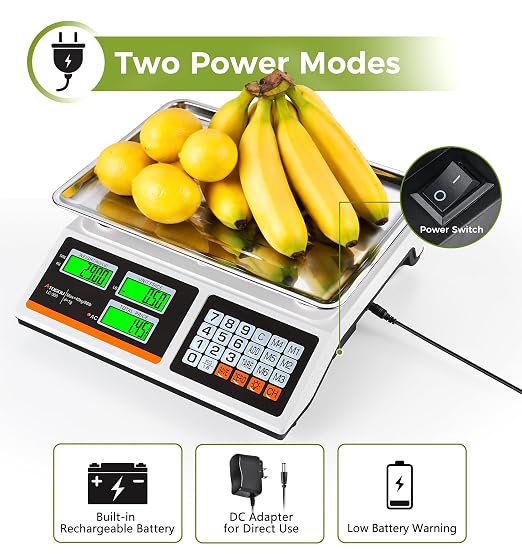 Atogou 1g Resolution Price Computing Scale with Dual-Sided Display, 88lb Commercial Food Kitchen Scale with Preset Price Keys, Plug-in or rechargeable,for Produce, Farmers Markets, Meat(Not for Trade)