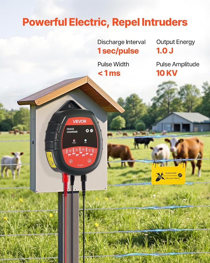 VEVOR Electric Fence Charger, 10kV 1J, AC DC Electric Fence Energizer with LED Indicator, 1.86 Miles Range, Powerful Plug-in Fences Charger, Prevents Wild Animals Intrusion for Livestock Poultry