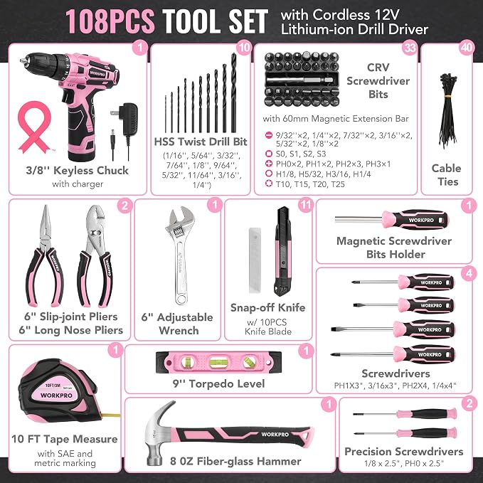 WORKPRO Pink Tool Set with Power Drill, 108PCS Portable Ladies Pink Drill Kit for Home with Toolbox and Hammer, 1.5 Ah Cordless Drills with Keyless Chuck and Variable Speed Trigger
