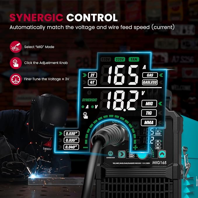 Bestarc 165A MIG Welder, 110V 220V 4 in 1 Gas/Flux Core MIG/Lift TIG/Stick Welder Machine, Large LED Display Welding Machine, IGBT Inverter Welder MIG165 Soild Gasless Synergy MIG Welder