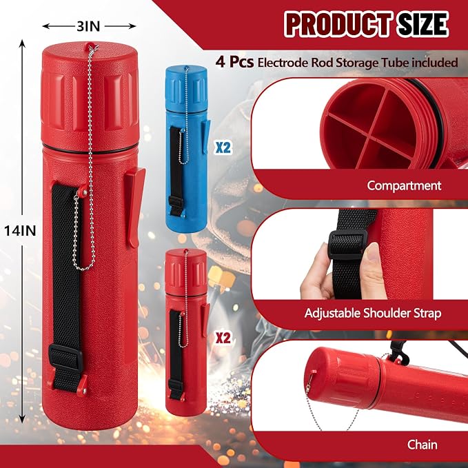 Zonon 4 Pcs Welding Rod Storage Tube 3" x 14" Welding Rod Holder Electrode Storage Container Airproof Waterproof with Adjustable Shoulder Strap, Compartment and Cover for Canister(Red and Blue)