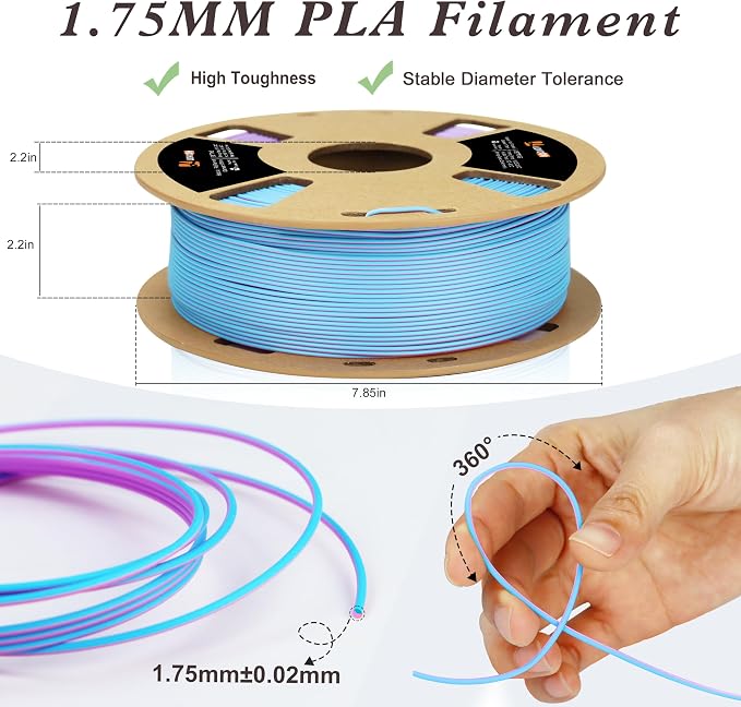 LOVOON Matte Tricolors PLA 3D Printer Filament Multi-Color Changing by Angle Rainbow PLA 3D Printing Filament Fit Most 3D Printers/3D Pens,Matte Purple/Pink/Blue,1KG(2.2lbs)/Spool