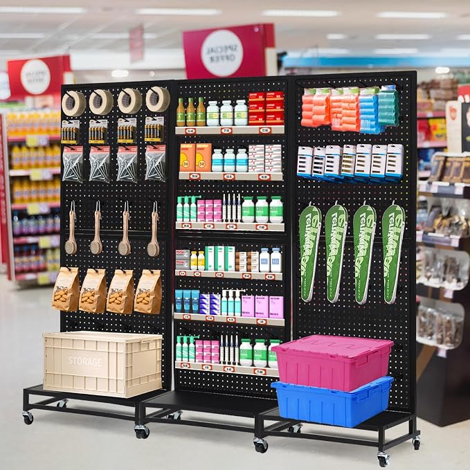 Eastern Tree Metal Pegboard Display Stand 2'x 5'with Base Plate, Pegboard Panels Display with Wheels, Peg Board Display Rack, Standing Pegboard Display with 30 Hooks - Black