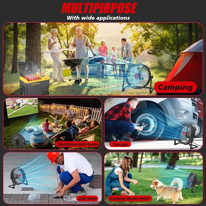 12" Battery Operated Floor Fan Compatible with Milwaukee M18 18V Battery, Portable Fan with AC Adapter and USB Output, Metal Industrial High Velocity, Stepless Speed Cordless Fan for Jobsite Garage