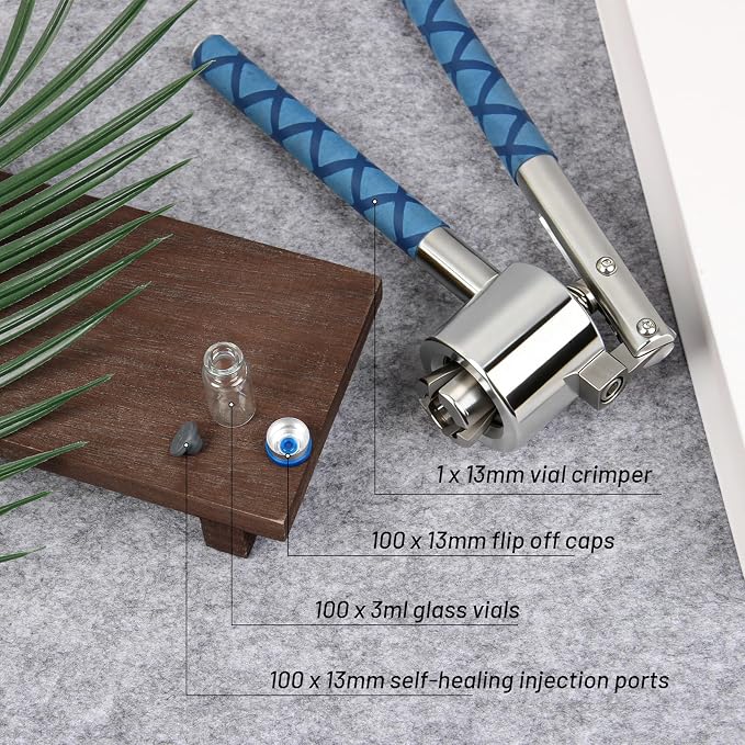 13mm Vial Crimper and 100 Pcs 3ml Clear Flip Top Glass Vials Set, Lab Bottle Sealing Tool, Vial Crimping Tool and 10ml Glass Vials