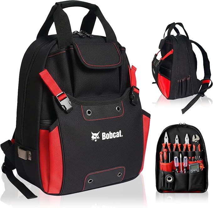 Bobcat Tool Organizer Backpack, EVA Hard Pocket, Large Capacity Storage for Electricians & Technicians, Heavy Duty Mobile Tool Bag (Black/Red Tool Backpack)