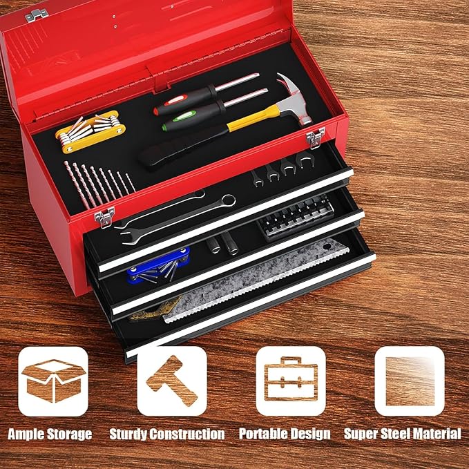 ERGOMASTER Portable Tool Box, Metal Tool Box with 3 Drawers, Lockable Heavy Duty Tool Chest Storage Toolbox for Garage, Workshop(Black+Red)
