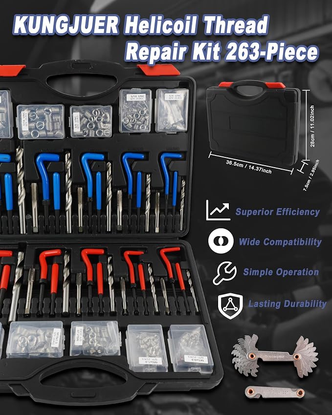 263PCS Helicoil Thread Repair Kit, Metric&SAE Thread Restorer Kit | HSS Helicoil Drill Rethreading Tools in 1/4" 5/16" 3/8" 7/16" 1/2" & M5 M6 M8 M10 M12 Sizes and Thread Gauge