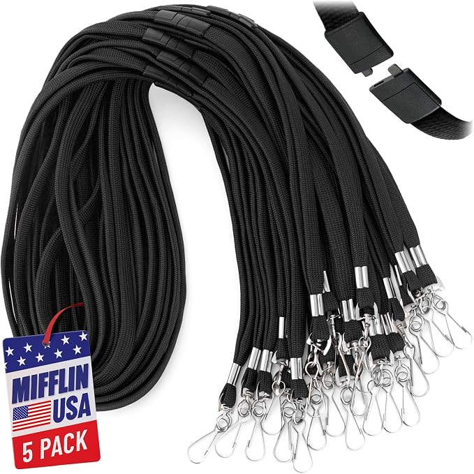 MIFFLIN-USA Flat Breakaway Safety Lanyard for ID Badges (Black, 36 Inch, 5 Pack), Soft Woven Neck Line