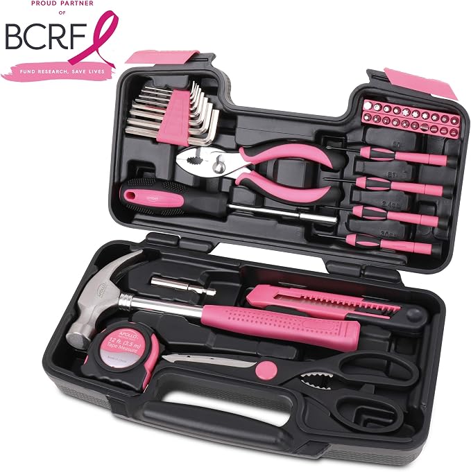 Apollo Tools Original 39 Piece General Household Tool Set in Toolbox Storage Case with Essential Hand Tools for Everyday Home Repairs, DIY and Crafts - Pink Ribbon - DT9706P