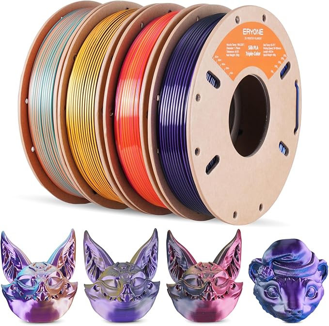 ERYONE PLA Filament 3D Printer Filament Bundle Multicolor 1.75mm +/- 0.03mm, PLA Filament 250g Spool, 4 Rolls, Silk Triple Color 4