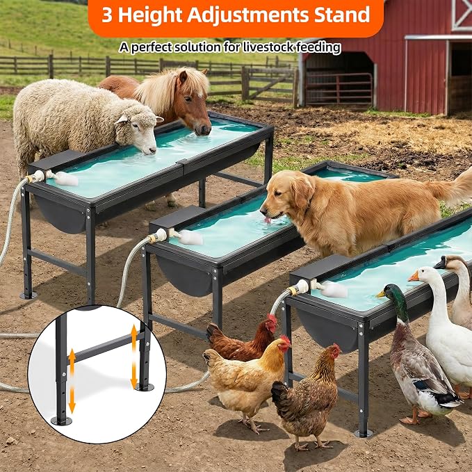 Automatic Animal Waterer 11 Gallon, Livestock Water Trough with Adjustable Stand, Automatic Water Dispenser with Float Valve, Easy to Assemble, Feeding Goat, Sheep, Horse, Dog in Farm