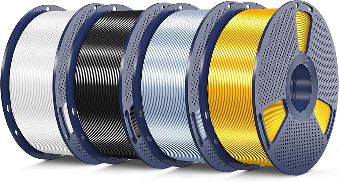 3D Printer Silk Filament, SUNLU Shiny Silk PLA Filament 1.75mm, Smooth Silky Surface, Great Easy to Print for 3D Printers, Dimensional Accuracy +/- 0.02mm, Silk Light Gold+Silver+Black+White 4KG