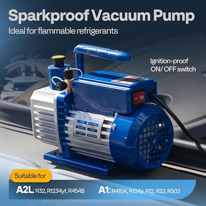 VIVOHOME 1/3 HP 4.5 CFM 1 Stage A2L HVAC Vacuum Pump, Sparkless Motor for R32 R1234yf R454B R134a R22 R410a Systems, Auto AC Vacuum Pump for Air Conditioner Refrigeration Maintenance with Oil Bottle