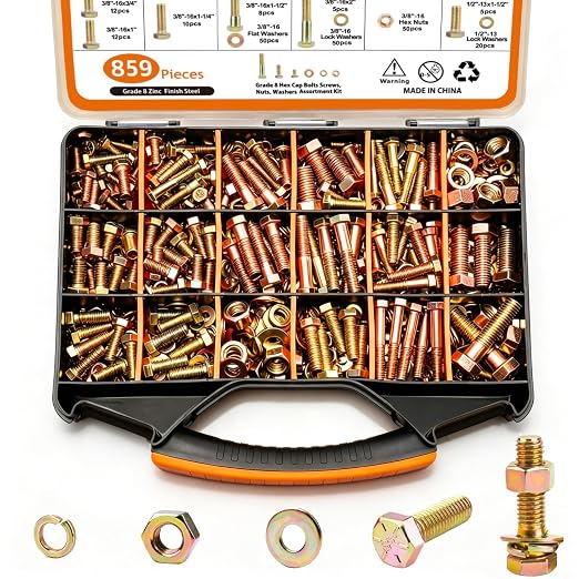 859PCS Grade 8 SAE Bolt Assortment Kit with Storage Box, Heavy-Duty Yellow Zinc Plated Alloy Steel Hex Bolt Set, Nuts with Flat & Lock Washers (1/4-20,5/16-18,3/8-16,1/2-13) for Home Improvement