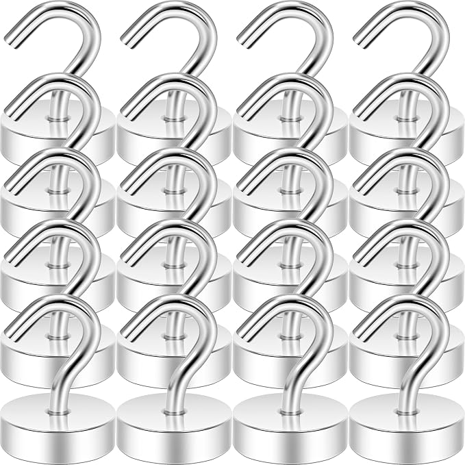 Neosmuk Magnetic Hooks, Cruise Ship Essentials, 40lb+ Heavy Duty Magnetic Hooks for Cruise Cabins, Refrigerator, Grill, Hanging, and Travel | Extra Strong Must-Haves Magnet Hook,Silver,Pack of 20