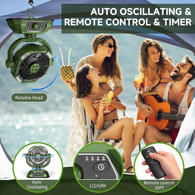 Portable Misting Fan Rechargeable for Hot Weather - 9-inch Auto Swivel Camping Fan with 25000mAh USB Battery as Power Bank, Outdoor fan with 4 Mist Cooler, 7L Bucket for Patio,Yard,Beach,Golf (Green)