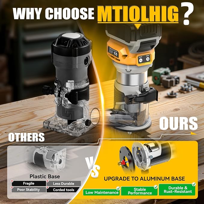 MtiolHig Cordless Compact Router Compatible with DeWalt 20V Battery (Tool Only), 6 Variable Speeds Router Tool for Woodworking, 800W Fixed Base Wood Palm Router