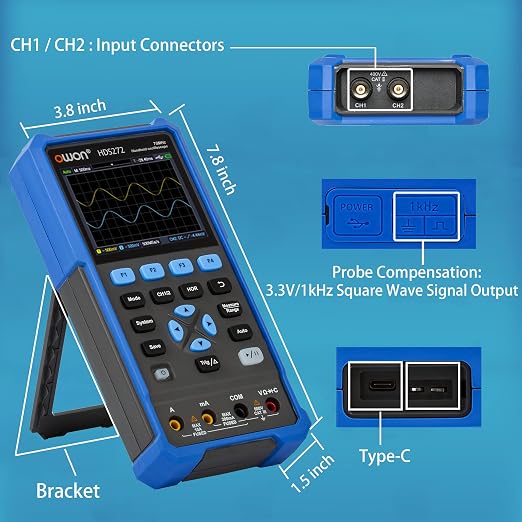 70MHz Bandwidth Oscilloscope, OWON HDS272 Dual Channel Oscillograph, with Digital Oscilloscope Multimeter Tester Functions for Auto Measurement Educational Laboratory Testing OWON HDS272/70MHz/2CH