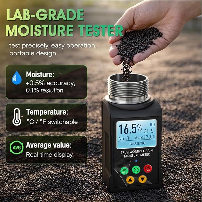 Grain Moisture Tester for 40 Grains, Smart Grain Coffee Bean Moisture Meter with Temperature Measurement, Data Storage, Portable Cup-Type Grain Moisture Detector for Wheat, Corn, Cocoa Beans, Seed