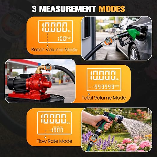 Waterproof 1 Inch Fuel Flow Meter with 3/4" NPT Adapter, 2-26 GPM Digital Inline Flowmeter for Hot/Cold Water, Diesel, Gasoline, Oil & Liquids, Supports Gallon, Liter, GPM, LPM, m³, QTS, PTS