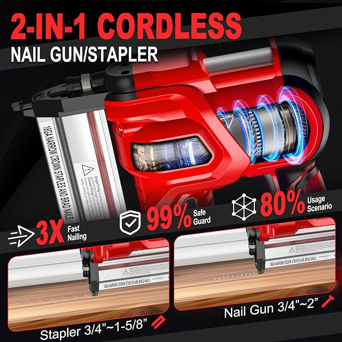 SILVEL 2" Cordless Brad Nailer, 2-in-1 21V Electric Brad Nailer Stapler with 2 * 4.0Ah Battery, 1000pcs Nails, 18GA Staples, Adjustable Depth for Woodworking, Home Improvement