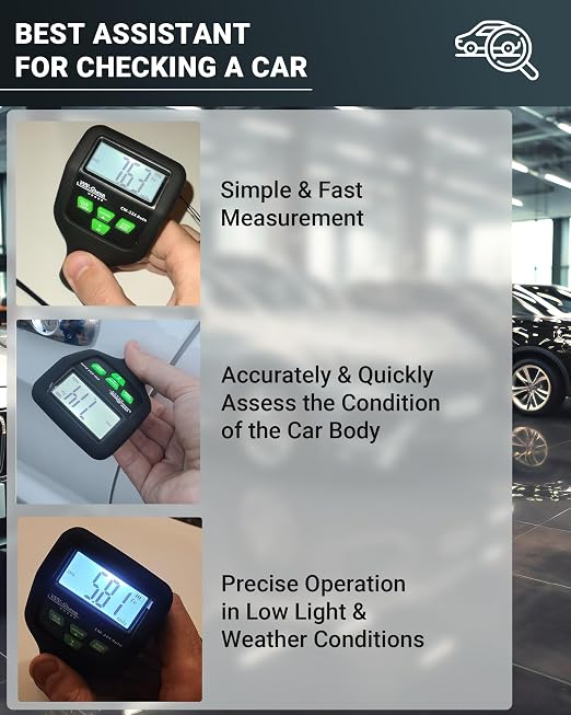 Paint Thickness Gauge CM-224 Auto – Digital Coating Thickness Meter for Cars and Automotive Inspection, Fe / Al / Fe+Zn Detection, 0.1 μm Resolution, Factory Calibrated, Large Backlit LCD
