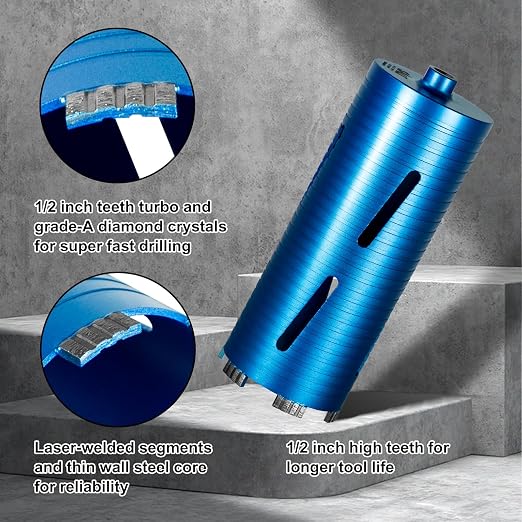 SALI Diamond Core Drill Bits 6 1/2" Diameter 10"/254mm Drilling Depth 5/8-11" Thread Core Bit Turbo Laser-Welded Segments for Cured Concrete with, Brick, Block, Masonry, with Two Adapters