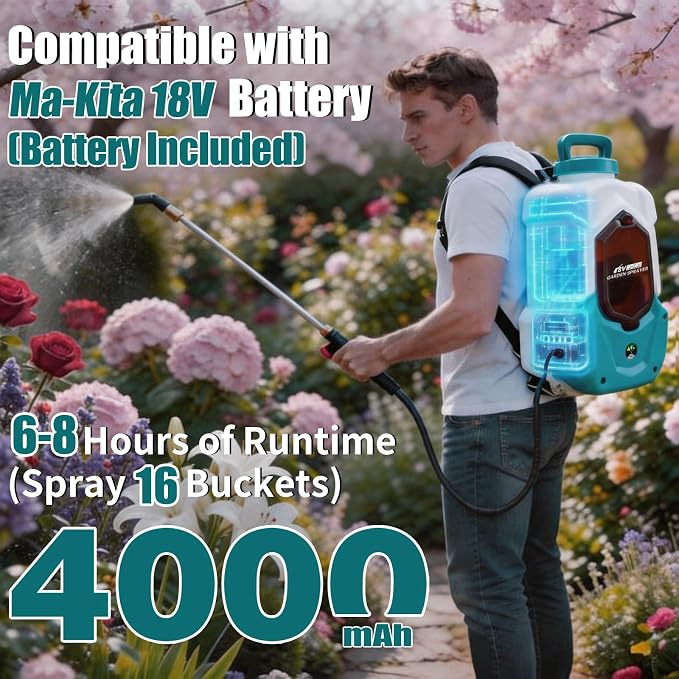 Battery Powered Backpack Sprayer Compatible with Ma-Kita 18V Battery, 100 PSI Electric Garden Sprayer 4 Gallon with 4.0Ah Battery, 6 Hours of Runtime, Telescopic Wand, 8 Nozzles for Weed Pest Control