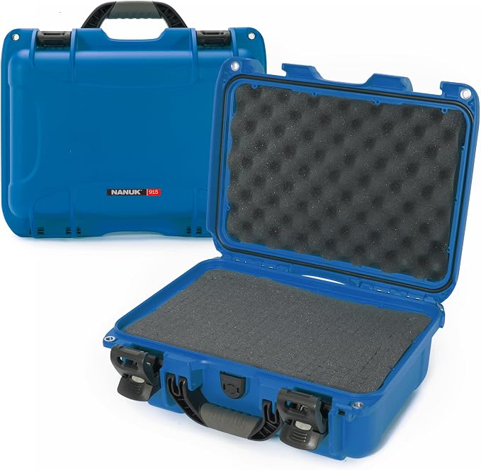 NANUK 915 Hard Case with Cubed Foam – Compact Waterproof Travel Camera Hard Case with Padded Dividers, 13.8” x 9.3” x 6.2” – Dustproof and Impact Resistant, Airline Carry-On Approved – Blue