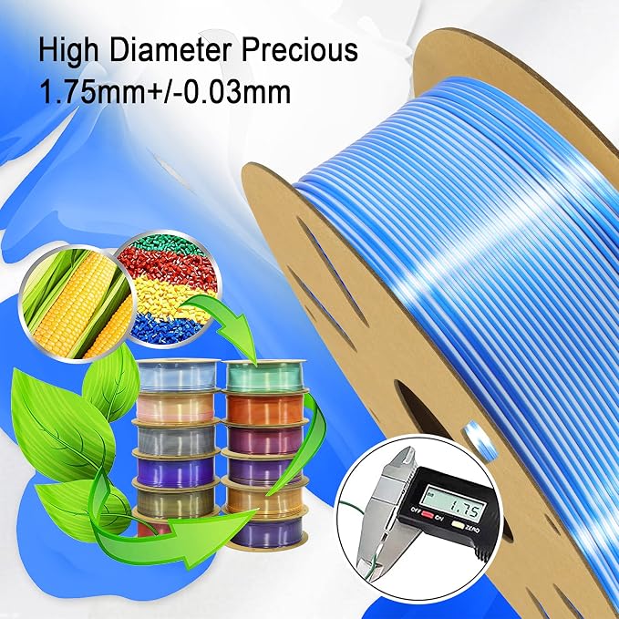 1.75mm Silk Blue/White PLA Dual Color in 1 Coextrusion PLA 3D Printing Filament, 1KG 2.2lbs 2 Color Silk Bicolor Dichromatic 3D Printer Material, Widely Support for 3D Printers, Blue/White