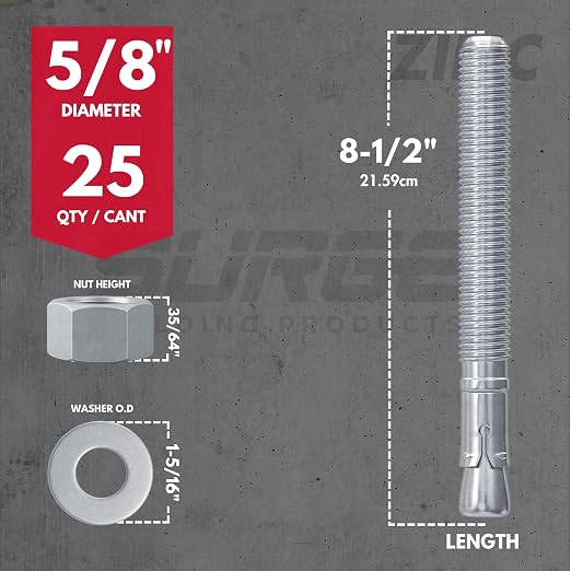 5/8" x 8-1/2" Zinc-Plated Wedge Anchors for Concrete and Cement | Heavy-Duty 5/8 Concrete Anchors (Box of 25)
