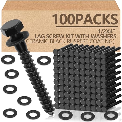 Tandefio 100 Pack 1/2''x 4'' Ceramic Black Lag Screw Kit with Washers Hex Lag Bolts Wood Screws Heavy Duty Hot Dip Galvanized Double Layer for Wood Decks Fences