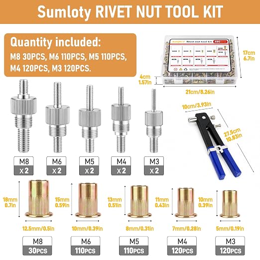 Rivet Nut Tool Kit, 490PCS Metric Rivnut Assortment with Hand Setter, M3/M4/M5/M6/M8 Carbon Steel Threaded Inserts, Portable Storage Case for Automotive, Furniture & DIY Repairs