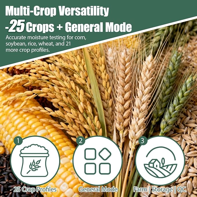 Grain Moisture Tester Agriculture Portable Meter – ±0.5% Accuracy with ATC, Backlit Display & Data Storage, 25 Grains: Corn, Soybean & Paddy Rice, Farmers, Processors & Traders, 10-Language Support
