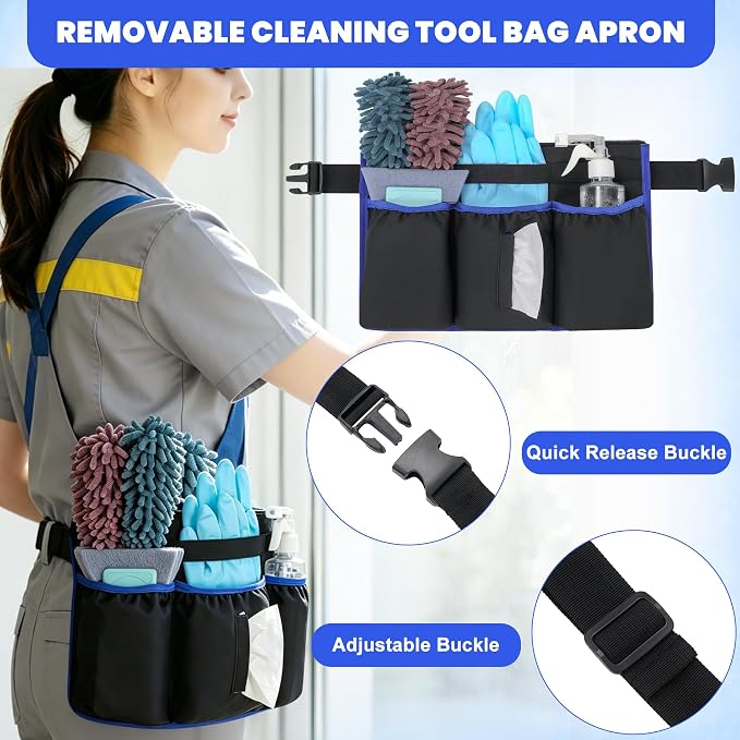 Large Rolling Cleaning Caddy Bag with Detachable Trolley, Cleaning Supplies Organizer Caddy on Wheels with Multi-pocket & Waist Pouch, Water Resistant Cleaning Cart with Shoulder Strap for Housekeeper