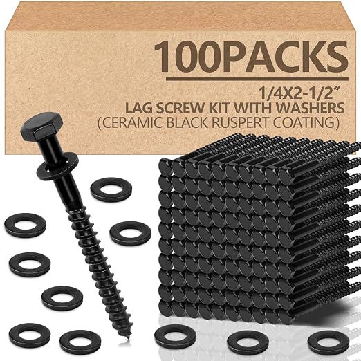 Tandefio 100 Pack 1/4''x2-1/2'' Hex Head Lag Bolts for Wood Ceramic Black Lag Screw Kit with Washers Heavy Duty Hot Dip Galvanized Coating Double Layer for Decks Fences